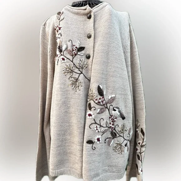 Coldwater Creek Beige Cardigan Floral Embroidery Cottagecore Cabincore.  Sz L - Picture 4 of 16
